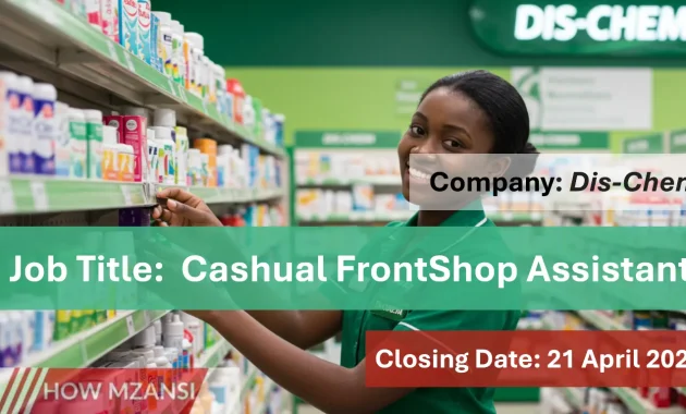 A cheerful young South African retail assistant in a neat Dis-Chem uniform, restocking shelves in a clean and bright pharmacy store. Background includes visible pharmacy items, green Dis-Chem branding, and a welcoming customer area. The assistant is helping a customer while smiling, creating a friendly, approachable vibe.