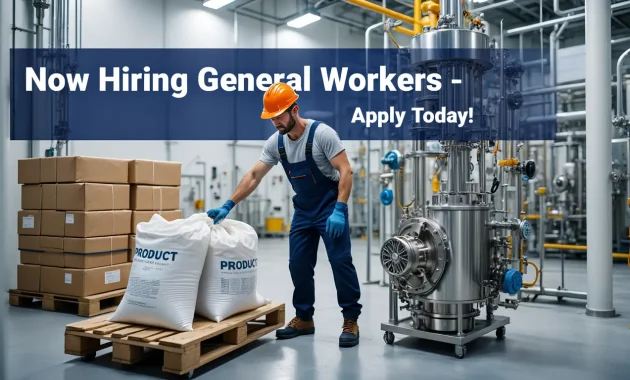 A hardworking industrial worker in full safety gear (helmet, gloves, overalls) moving bags of product near a pump machine in a clean factory setting. Include industrial equipment, palletized boxes, and a background that suggests an explosives or chemical plant environment. Bright, bold headline: ‘Now Hiring General Workers – Apply Today!’