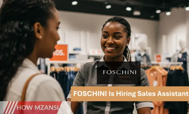 A young South African retail sales assistant in a Foschini uniform smiling while helping a customer choose clothes in a modern fashion store, bright lighting, stylish mannequins in the background, warm and energetic atmosphere.