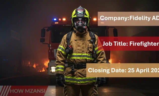 A South African firefighter in full gear, standing confidently in front of a fire truck, with smoke in the background, bold lighting, flames faintly visible in the distance, heroic and action-packed atmosphere.