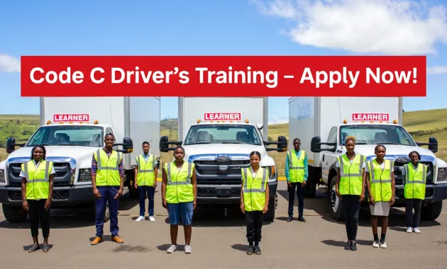 A group of young, happy South African men and women in reflective driving vests, standing near large trucks with learner signs in a training area. The background should show Garden Route scenery – green hills and blue sky – with a big banner that reads 'Code C Driver's Training – Apply Now!'