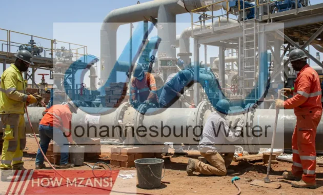 A group of artisans (bricklayers, welders, and fitters) working on a water pipeline in Johannesburg. The scene includes workers wearing safety gear, using tools, and actively repairing infrastructure. The background shows a large water facility with machinery and pipes.