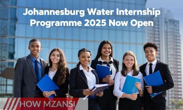 Diverse group of happy young interns in professional attire standing in front of the Johannesburg Water headquarters, holding files and smiling, with city skyline in the background, bright and uplifting style, designed for youth job and internship promotion.