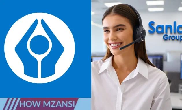 A smiling call centre agent wearing a headset, sitting in a modern office in front of a computer screen with a Sanlam Group logo on the wall. The agent is helping a customer and looks friendly, professional, and focused. The background shows a bright, open-plan office with other team members at their desks.