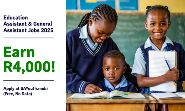 image of smiling South African youth in school settings (some holding notebooks or helping in class), with bold text: “Education Assistant & General Assistant Jobs 2025 – Earn R4,000! Apply at SAYouth.mobi (Free, No Data)”