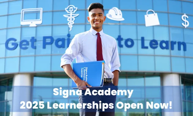A bright, hopeful South African youth standing in front of a modern training facility, smiling with a folder in hand labeled 'Signa Academy Learnership'. Background shows icons representing different careers – computer, nurse symbol, construction helmet, money symbol, and shopping bag. Bold text overlay: ‘Get Paid to Learn – Signa Academy 2025 Learnerships Open Now!’