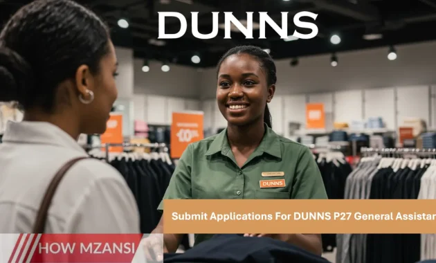 A young South African retail assistant in a Dunns uniform smiling while helping a customer in a modern clothing store, vibrant store lighting, visible clothing racks, cheerful and welcoming retail atmosphere.