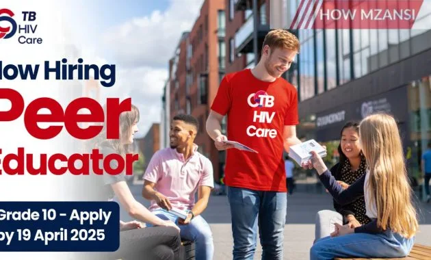 a powerful, inspiring job recruitment poster for TB HIV Care’s Peer Educator positions. Showing a diverse group of people in an urban community setting, with one central figure proudly helping others or handing out health packs. Use bold, clean text with key info. Include TB HIV Care branding colors