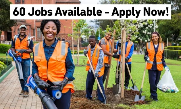 a vibrant, inspiring image showing a group of cheerful, hardworking South African general workers (both men and women) wearing reflective vests and gloves, working outdoors – cleaning, digging, and maintaining public spaces. Background should include green parks, clean streets, or municipal buildings.a banner or badge that says “60 Jobs Available – Apply Now!” in bold, eye-catching font.