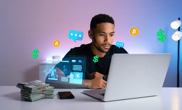 A vibrant image showing a man at a desk with a laptop, surrounded by digital icons representing AI, chat bubbles, and money symbols and big stack off money. The scene should evoke a sense of creativity, youthful energy, and the excitement of starting a side hustle with modern technology.