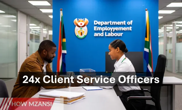 A young South African government employee in business casual attire assisting a client across a clean, modern desk in a labour office. The scene should reflect professionalism, diversity, and community support. Include Department of Employment and Labour branding in the background with South African flags. Bright, friendly atmosphere.
