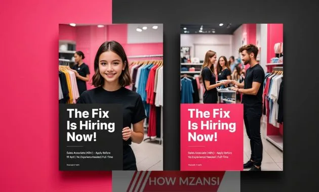 eye-catching recruitment poster for The Fix retail jobs. The background feature a trendy, modern clothing store interior with young, fashion-forward staff assisting customers. bold overlaying text in big fonts that says: "The Fix Is Hiring Now!" And smaller text that reads: "Sales Associate (40hr) – Apply Before 19 April | No Experience Needed | Full-Time" a stylish, youthful color palette (hot pink, white, and black) that matches The Fix brand vibe. Create two design variations—one with a zoomed-in photo of a staff member helping a customer, and another showing a wide view of a fashionable, active store environment.