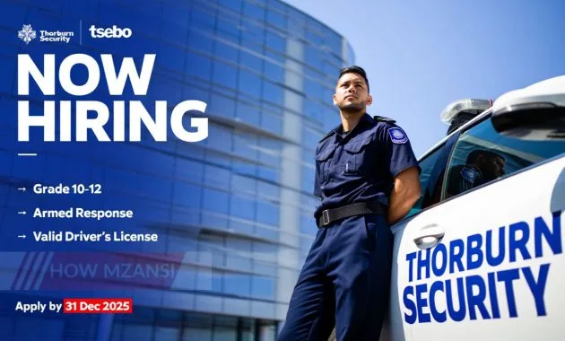 a high-impact security recruitment poster for Thorburn Security’s Reaction Officer vacancy. Showing a uniformed officer standing next to a patrol vehicle, with a mine or corporate building in the background. Include Thorburn Security and Tsebo branding. Highlight key text like “Now Hiring”, “Grade 10-12”, “Armed Response”, “Valid Driver’s License”, and “Apply by 31 Dec 2025”.