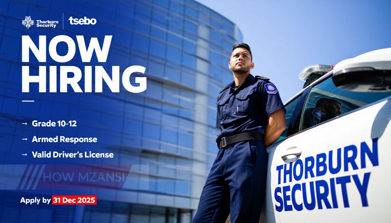 a high-impact security recruitment poster for Thorburn Security’s Reaction Officer vacancy. Showing a uniformed officer standing next to a patrol vehicle, with a mine or corporate building in the background. Include Thorburn Security and Tsebo branding. Highlight key text like “Now Hiring”, “Grade 10-12”, “Armed Response”, “Valid Driver’s License”, and “Apply by 31 Dec 2025”.
