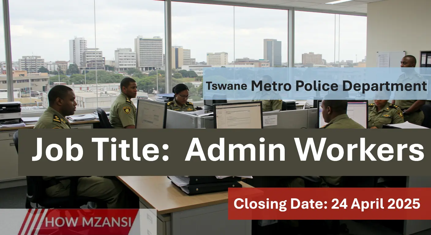 An office environment at the Tshwane Metro Police Department, with professional-looking men and women of different ages working at desks, filing documents, using computers, and talking with each other, with Tshwane cityscape visible through the windows – modern and clean atmosphere, daytime setting.