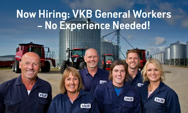 an image showing a group of general workers wearing VKB-branded uniforms, smiling while working outdoors in a grain storage or farming environment. With farm equipment in the background, neat storage spaces, and sunny skies. bold text overlay: “Now Hiring: VKB General Workers – No Experience Needed!”