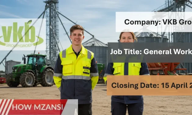 A young man and woman in work uniforms and reflective safety vests, standing confidently on a sunny day in front of a large grain silo and tractor, representing agricultural work. The background shows farmland and equipment like bins and screening rooms. Friendly, bright, and clean workplace environment.