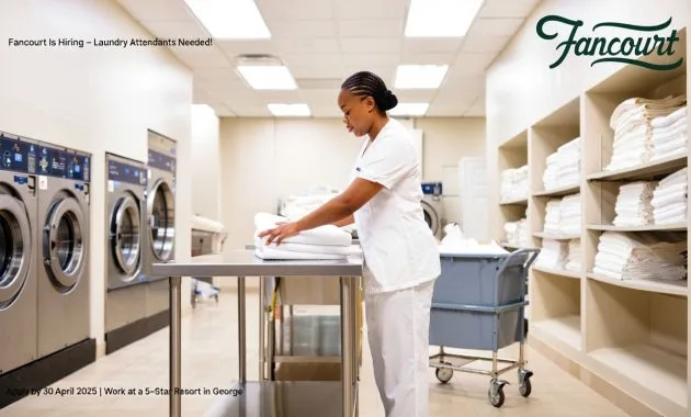 ​A hardworking laundry attendant in a clean, bright hotel laundry room, folding towels or handling linens with care. Background should include hotel-style laundry equipment (like carts, machines, and laundry shelves)