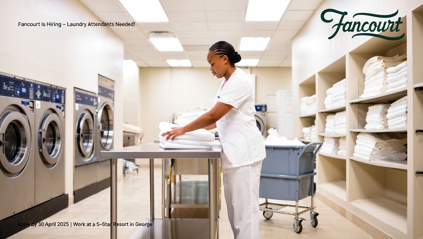 ​A hardworking laundry attendant in a clean, bright hotel laundry room, folding towels or handling linens with care. Background should include hotel-style laundry equipment (like carts, machines, and laundry shelves)
